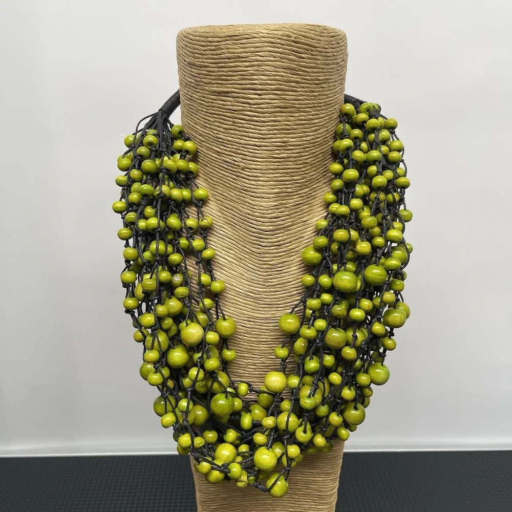 Bohemian Wooden Bead Necklace & Bracelet Set Multi Strand Chunky Lime Green